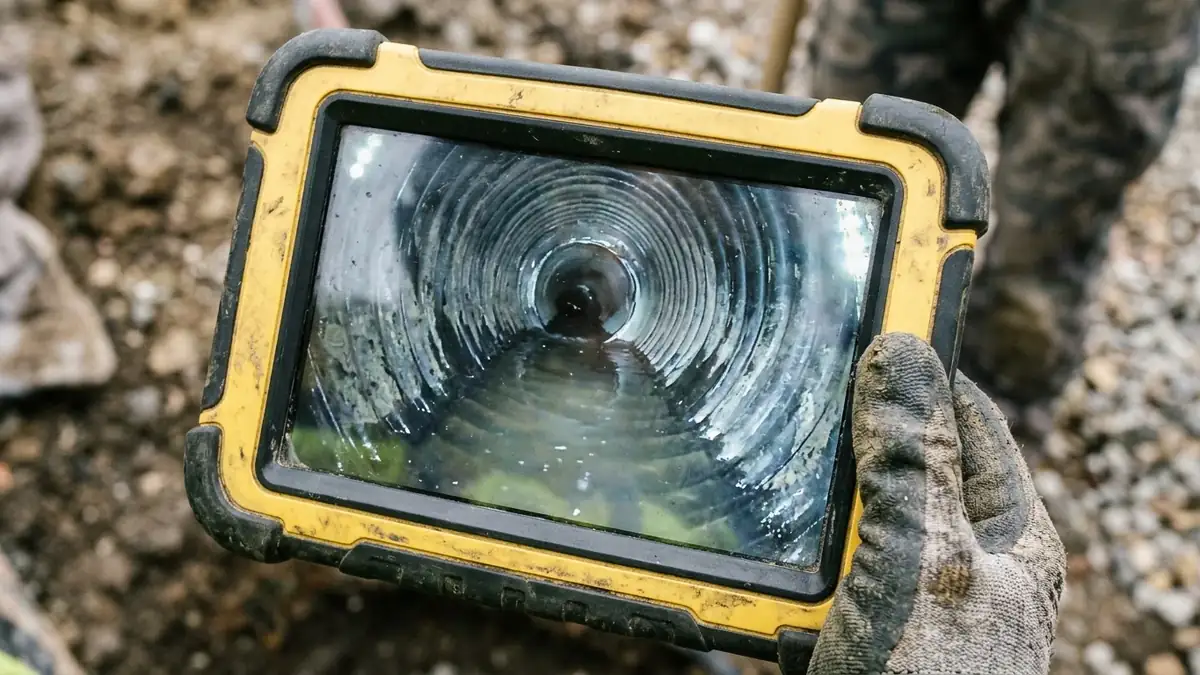 Belly in sewer line: rugged inspection monitor showing standing water filling the bottom of a sagging sewer pipe