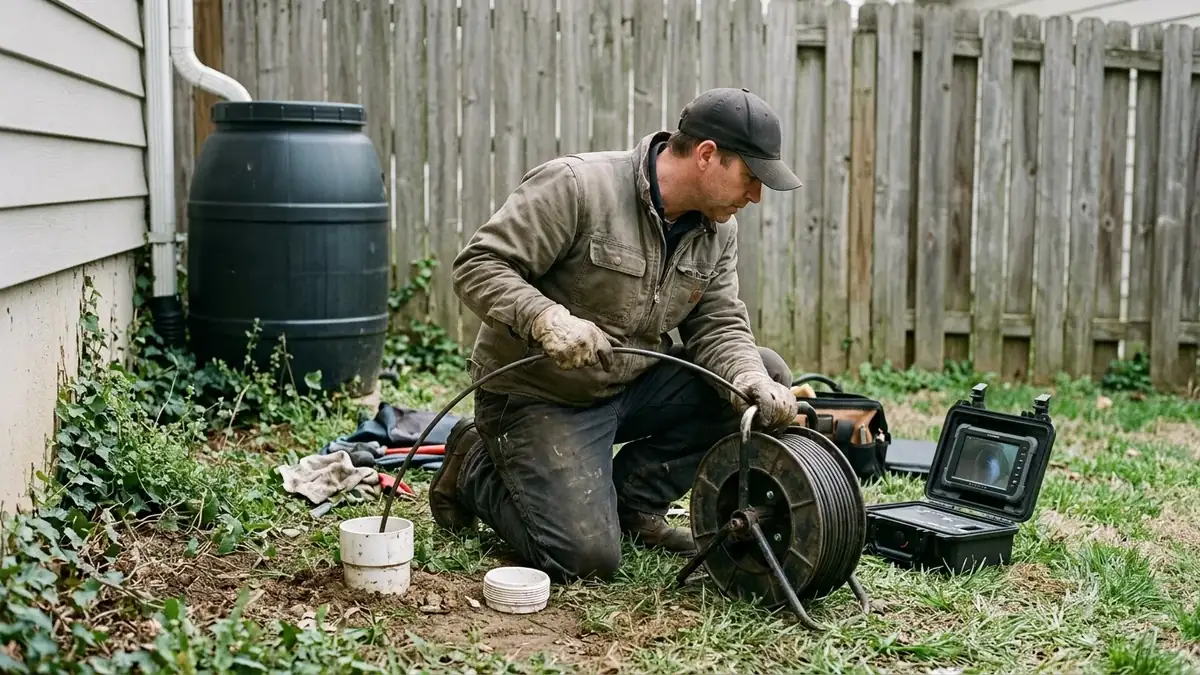 Sewer camera inspection: technician feeding a push camera into an outdoor cleanout while watching the monitor