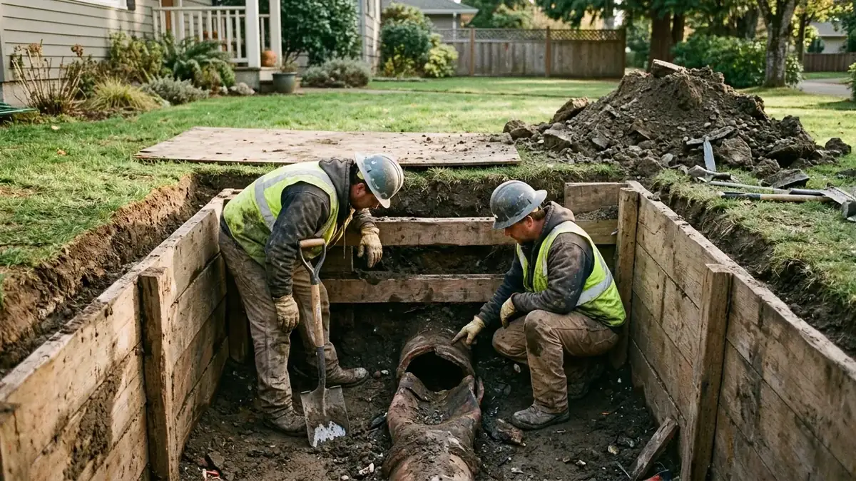 Collapsed sewer line: crew working in a small shored pit around a crushed section of old sewer pipe