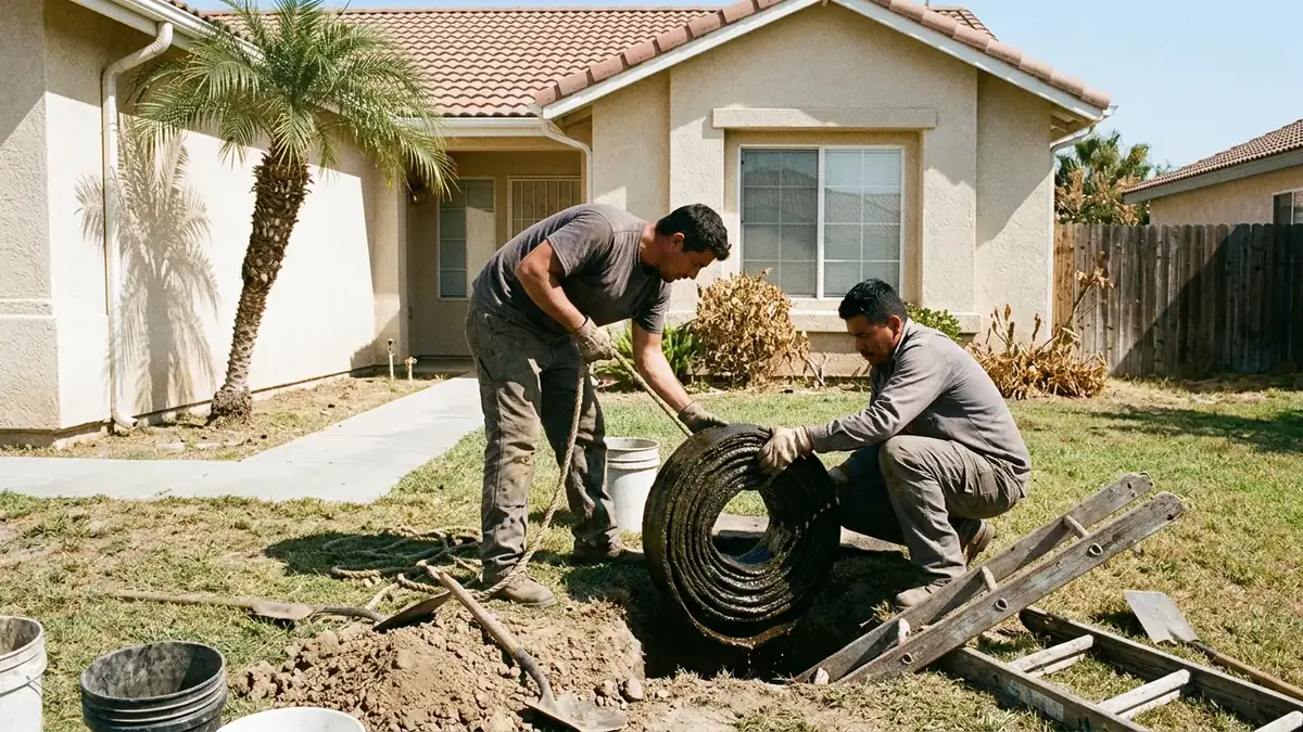 Trenchless sewer repair cost: crew lowering a resin-soaked liner into a small access pit dug in a front lawn