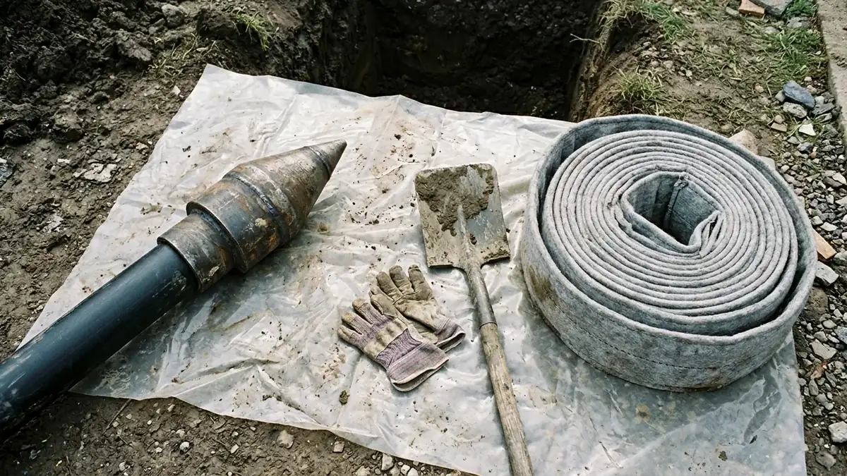 Pipe lining vs pipe bursting: cone-shaped bursting head fixed to black HDPE pipe beside a small access pit
