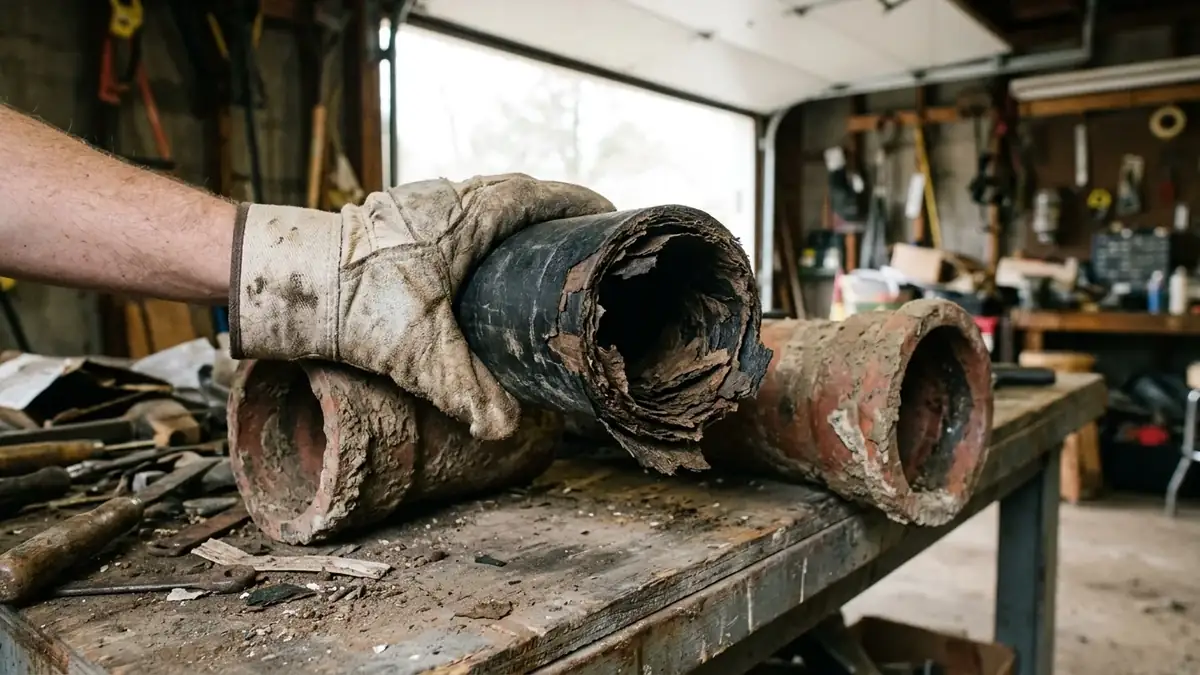Orangeburg pipe: a gloved hand holding a cut length of black fiber sewer pipe peeling in layers, beside an old clay pipe bell