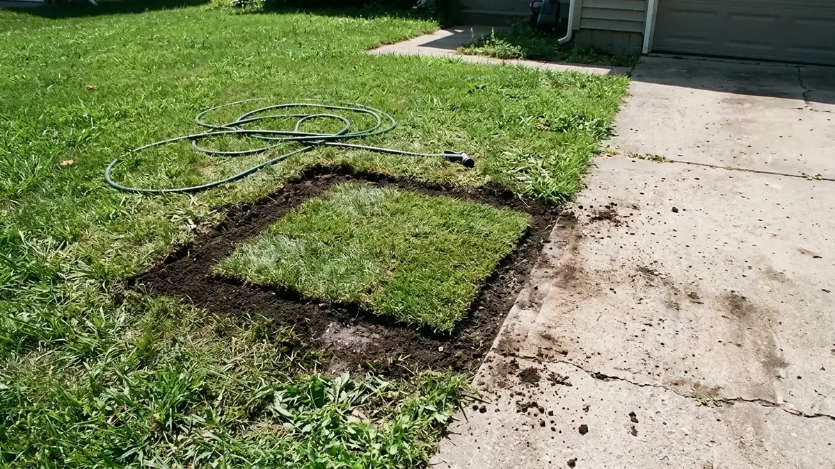 Is trenchless sewer repair worth it: freshly backfilled access pit beside a driveway with the lawn around it intact