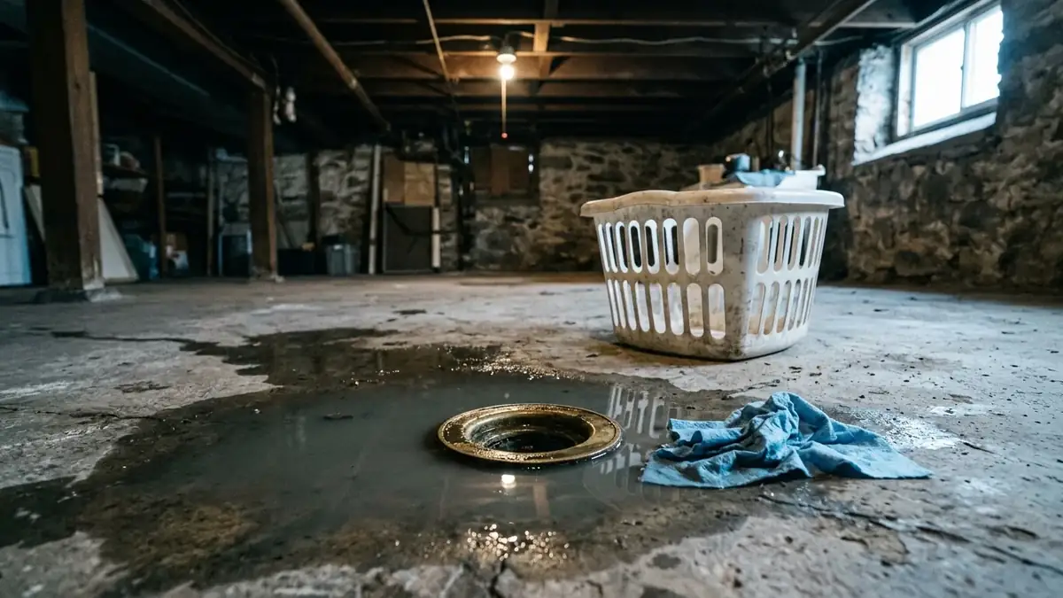 Signs of a broken sewer line: dirty water pooled around a basement floor drain in an older house
