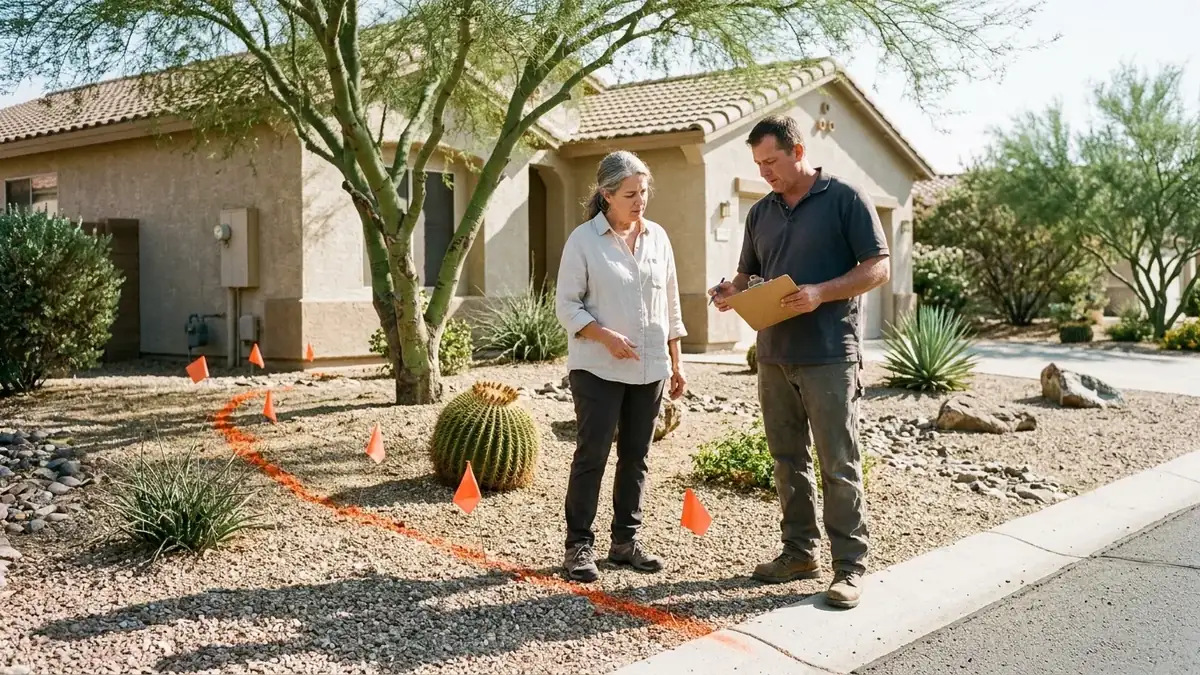 Who pays for a broken sewer line: homeowner and contractor looking at a sewer route marked in paint from the house to the street