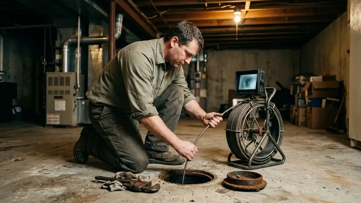 Sewer camera going into a basement cleanout at the start of trenchless sewer line repair in Catonsville, MD