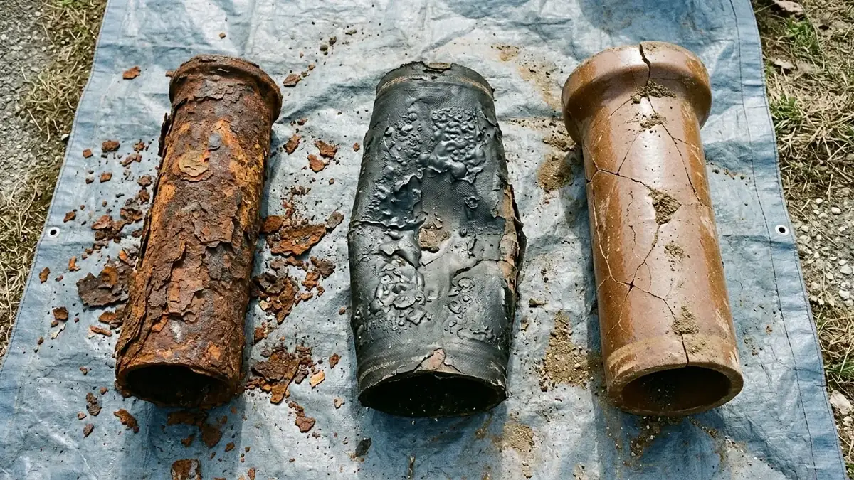 Corroded cast iron and flattened Orangeburg pipe, the kind replaced by trenchless sewer line repair in Conway, SC