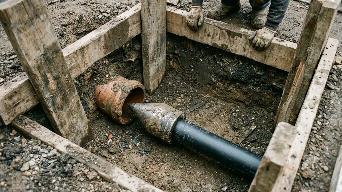 Bursting head and new HDPE pipe in the pit during trenchless sewer line repair in Conway, SC