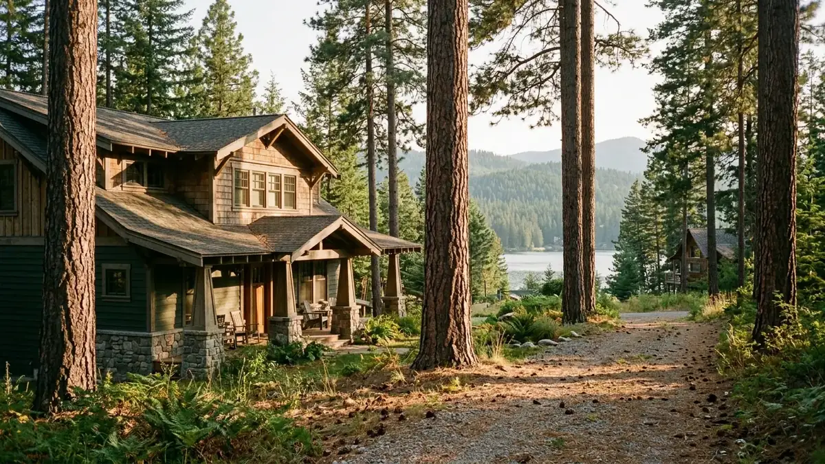 Lake-country home under pines, the kind of home we serve with trenchless sewer line repair in Coeur d'Alene, ID