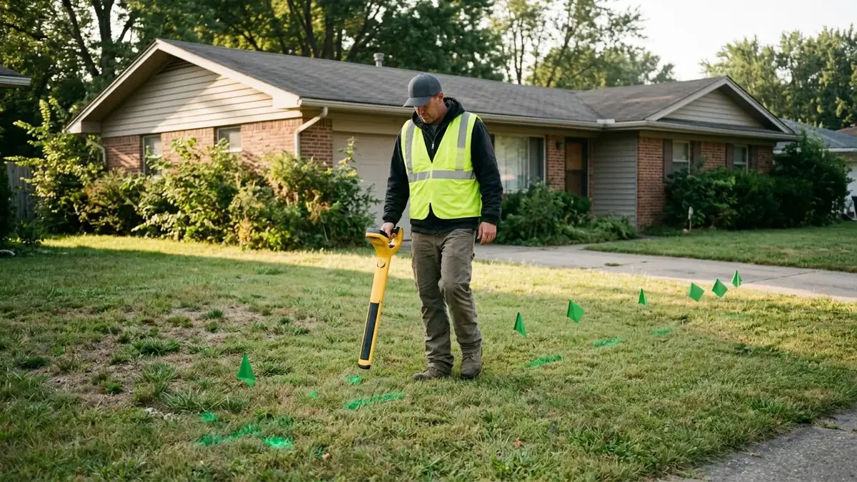 Sewer line traced and marked across the lawn before trenchless sewer line repair in Hurst, TX