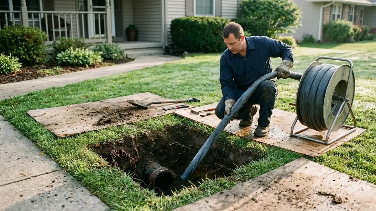 Liner fed into a small front-yard access pit during trenchless sewer line repair in Mesa, AZ