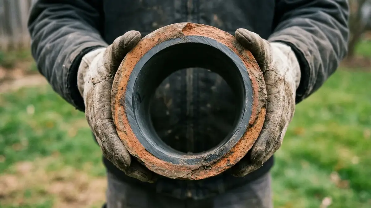 Cured liner inside a cut section of old pipe, the result of trenchless sewer line repair in Navarre, FL