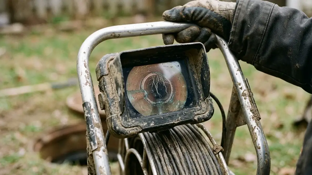 Camera footage of roots in a clay joint, the first step of trenchless sewer line repair in Newberg, OR