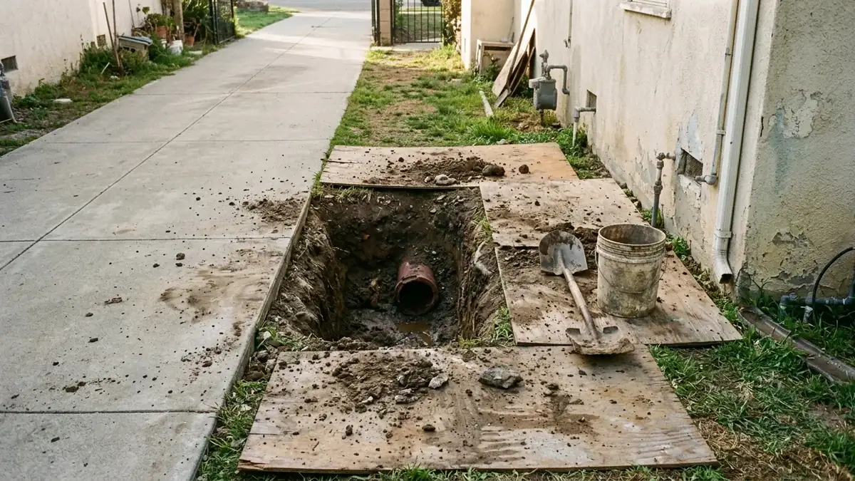 Small access pit beside an intact driveway, dug for trenchless sewer line repair in Post Falls, ID