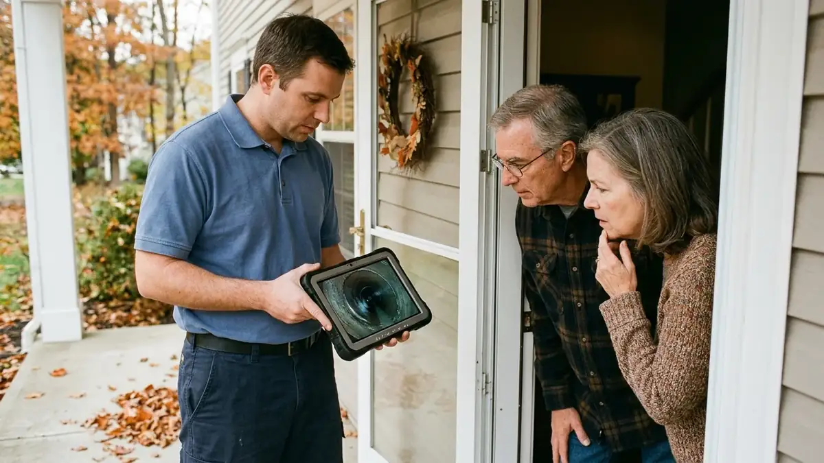 Camera footage reviewed with the homeowner before trenchless sewer line repair in Reston, VA