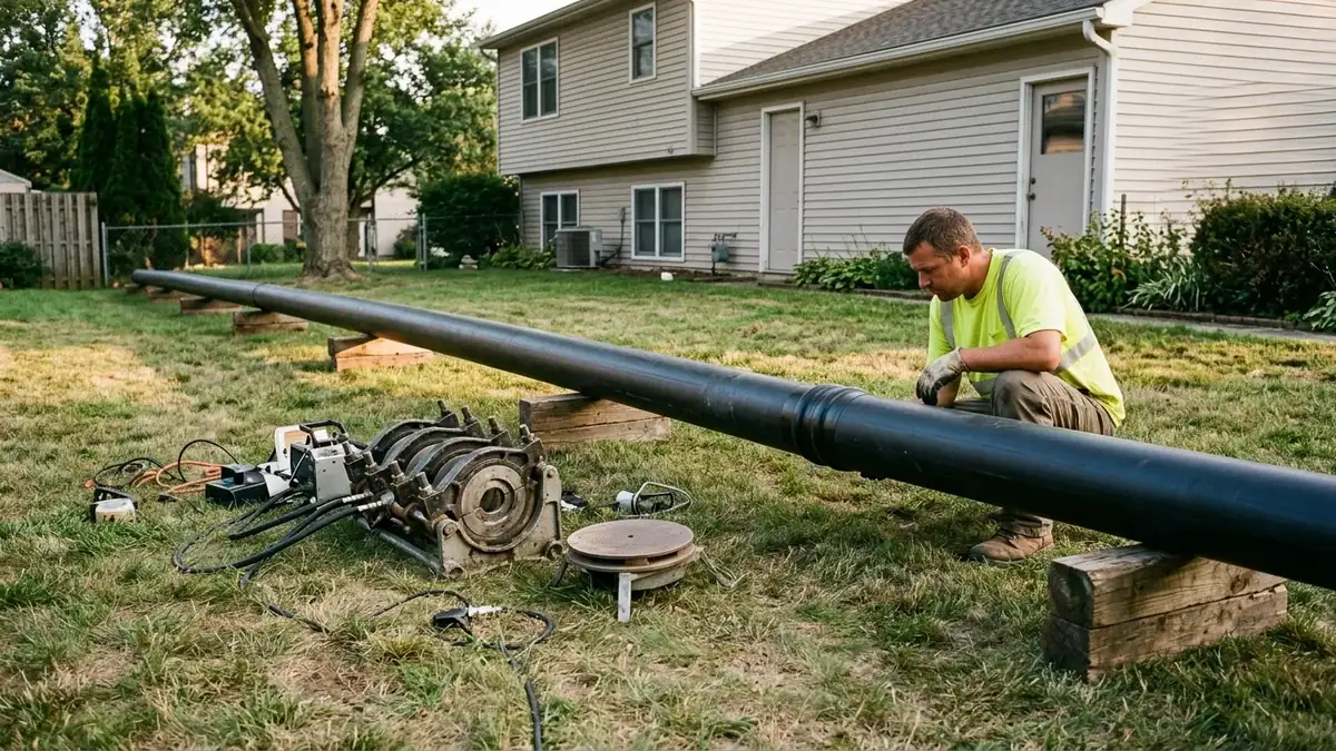 Fused HDPE pipe ready to be pulled in during trenchless sewer line repair near you