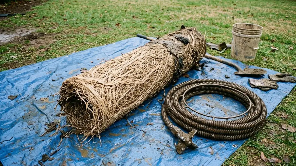 Root mass removed from the pipe before trenchless sewer line repair